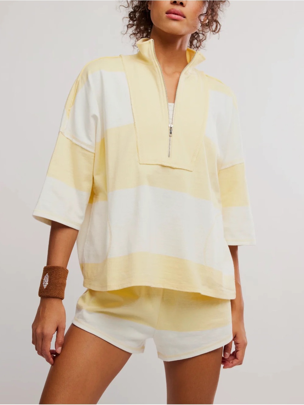 Free People FP Movement Retro Rugby Striped Pullover & Shorts Set- Yellow White - Picture 1 of 9